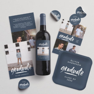 Modern script photo navy blue graduation  wine label