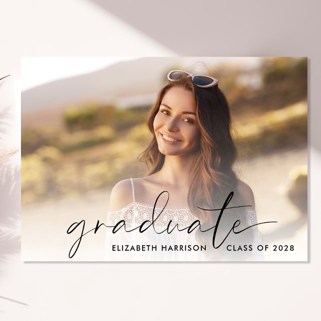 Modern Script Photo Overlay Graduation Announcement (An elegant graduation announcement to celebrate your graduate's achievements)