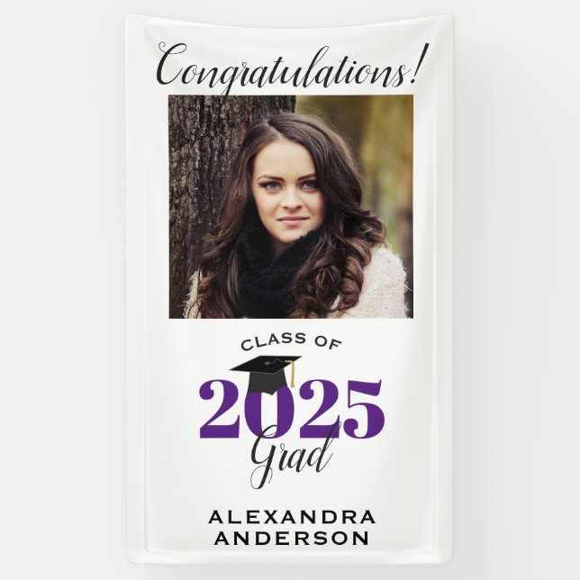 Modern Script Photo Purple Vertical Graduation Banner (Vertical)