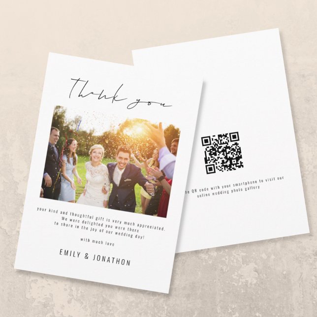 Modern Script Photo QR Code Wedding Thank You Card (Creator Uploaded)