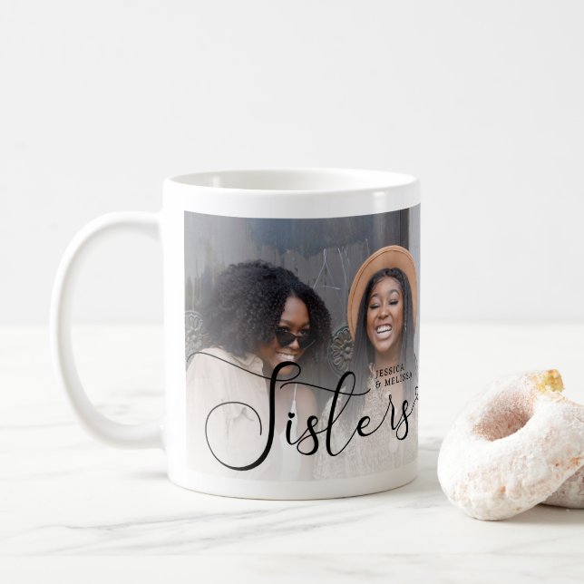 Modern Script Photo Sisters Gift Coffee Mug (With Donut)