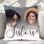 Modern Script Photo Sisters Gift Cushion<br><div class="desc">The Modern Script Photo Sisters Gift Throw Pillow is a personalised decorative cushion, perfect for celebrating the bond between sisters. It features an elegant modern script design paired with a customisable photo space to showcase a treasured memory. This throw pillow adds a personal and stylish touch to home decor, making...</div>