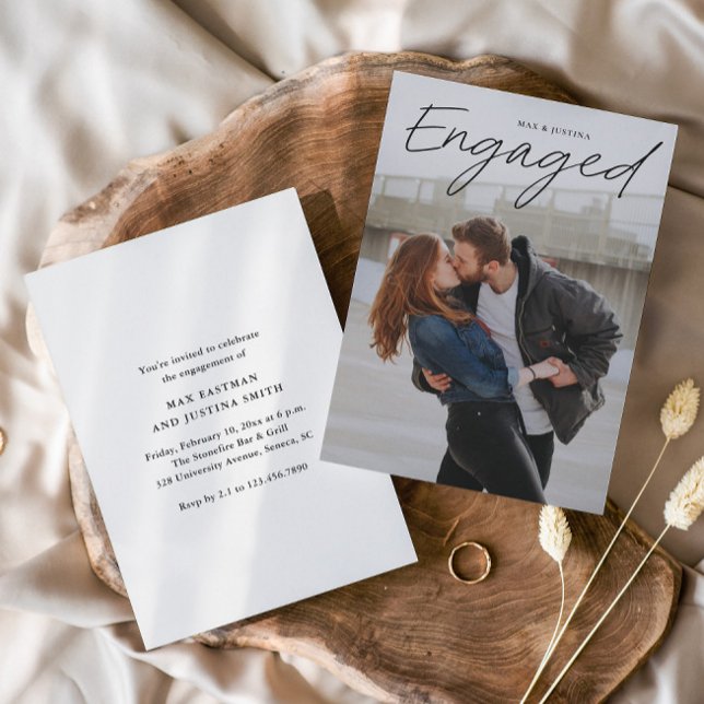 Modern Script Photo Wedding Engagement Party Invitation (Modern script engaged photo wedding engagement party or shower invitations.)