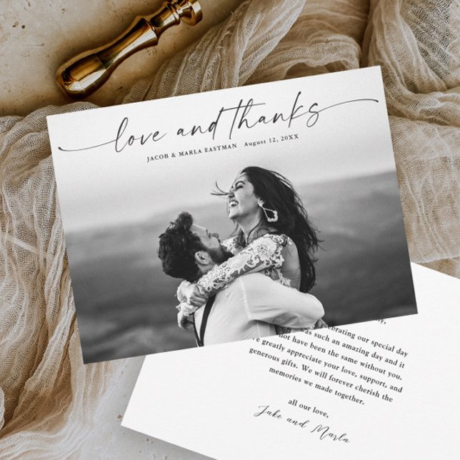 Modern Script Photo Wedding Love and Thanks Thank You Card (Love and thanks script photo wedding thank you card with simple handwritten typographic overlay.)
