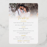 Modern Script Photo Wedding Real Foil Menu Card<br><div class="desc">Modern Script Photo Wedding Luxury Real Foil Menu Card The main header Menu is in a stylish set script in real foil in your choice of either gold, rose gold or silver and the rest of the text you can easily personalise. The course titels are also printed in real foil....</div>