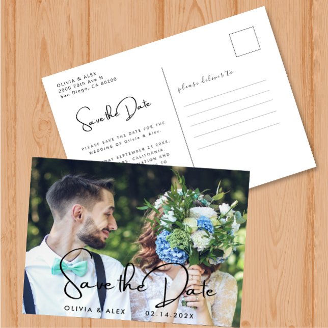 Modern Script Photo Wedding  Save The Date Postcard (Creator Uploaded)