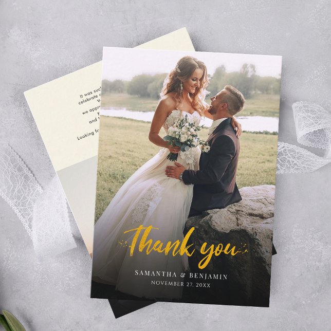 Modern Script Photo Wedding Thank You Business Card (Modern Elegant Wedding Photo Thank You Card)
