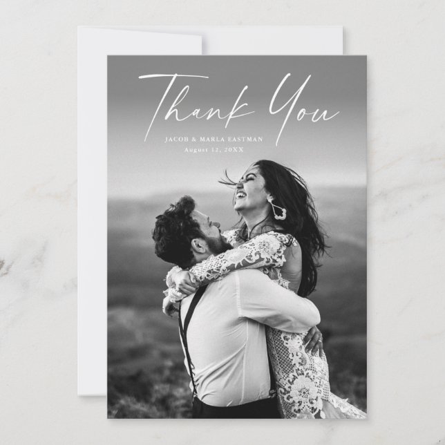 Modern Script Photo Wedding Thank You Card (Front)