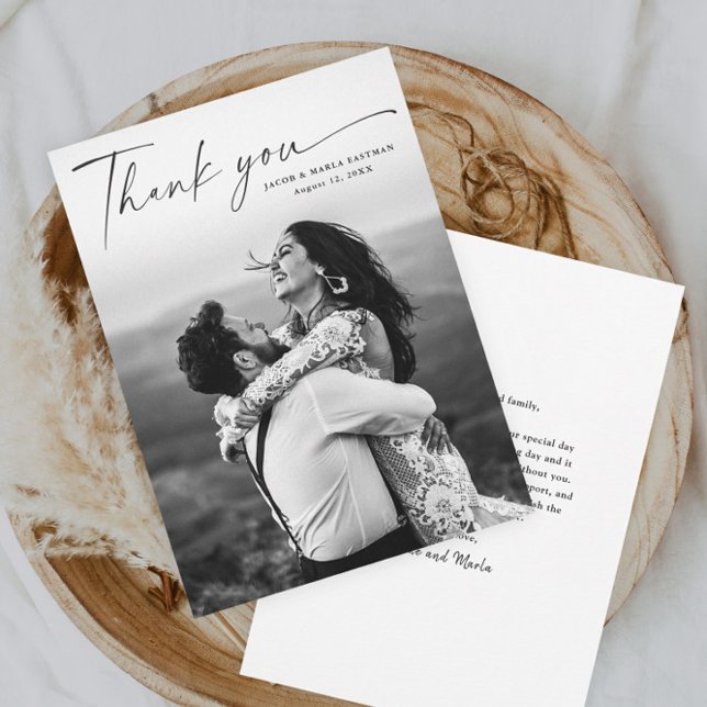 Modern Script Photo Wedding Thank You Card (Elegant and modern script wedding photo thank you cards.)