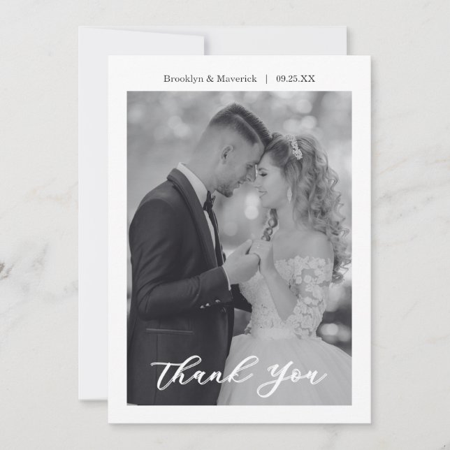 Modern Script Photo Wedding Thank You Card (Front)