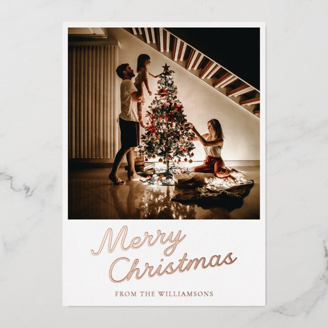 Modern Script Photo White Christmas Rose Gold (Front)