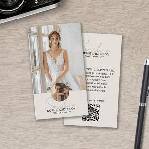 Modern Script Photographer Photo QR Code Tan Business Card