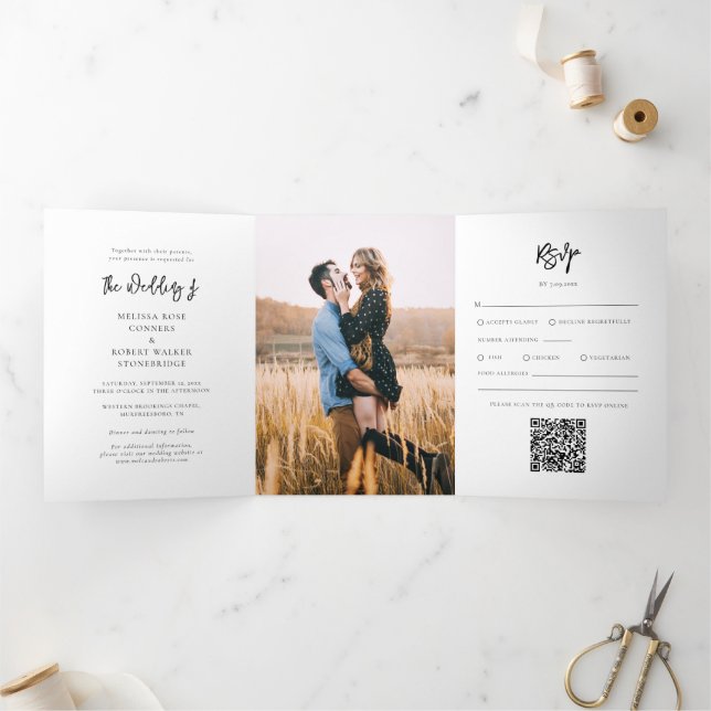 Modern Script Photos Wedding All in One Tri-Fold Invitation (Inside)