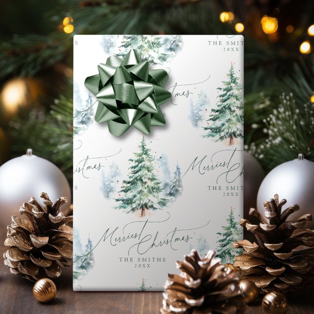 Modern Script Pine Tree Merriest Christmas Wrapping Paper (Modern Script Pine Tree Merriest Christmas Wrapping Paper)
