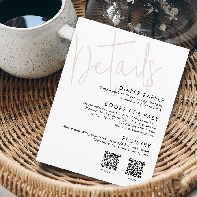 Modern Script Pink Baby Shower Details 2 QR Codes Enclosure Card (Modern Script Pink Baby Shower Details 2 QR Codes Enclosure Card)