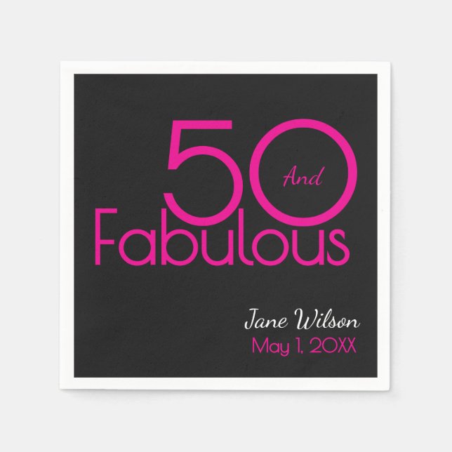 Modern Script Pink Black Fabulous 50th Birthday Napkin (Front)