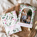 Modern Script Pink Botanical Arch Christmas Photo Holiday Card<br><div class="desc">This collection features watercolor bright pink florals,  berries & winter greenery with modern & elegant typography,  with a winter botanical pattern back.</div>