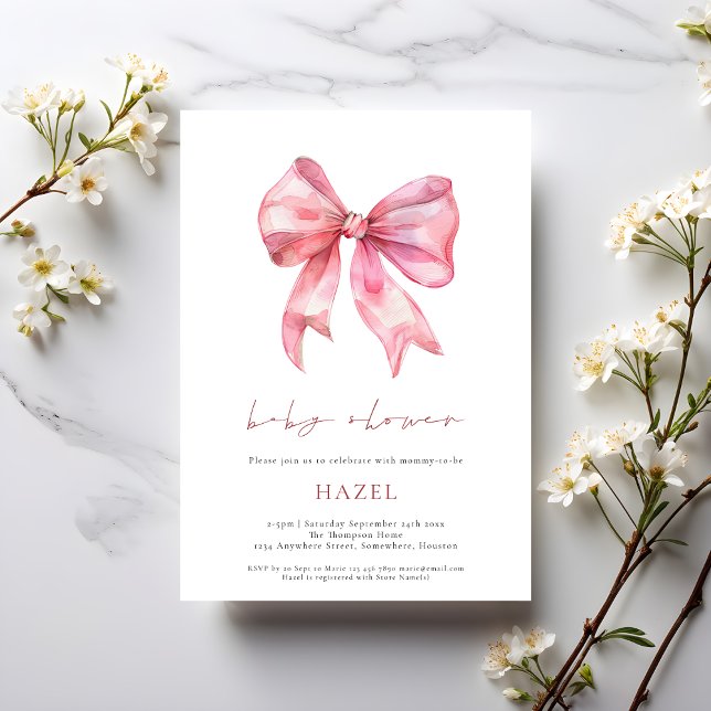 Modern Script Pink Bow Baby Shower Invitation (Creator Uploaded)