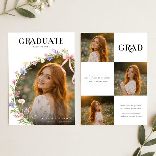 Modern Script Pink Bow Floral Photo Graduation Announcement