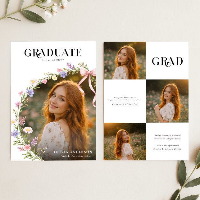 Modern Script Pink Bow Floral Photo Graduation Announcement (Creator Uploaded)