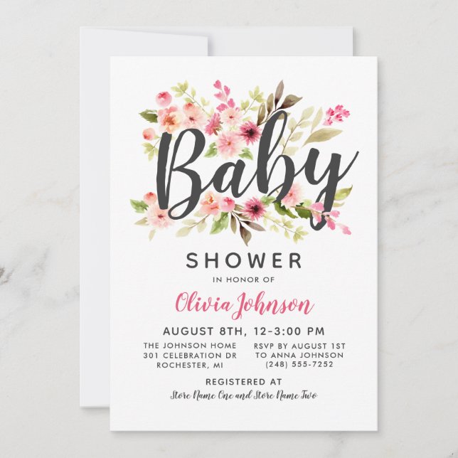Modern Script Pink Floral Girl Baby Shower Invitation (Front)