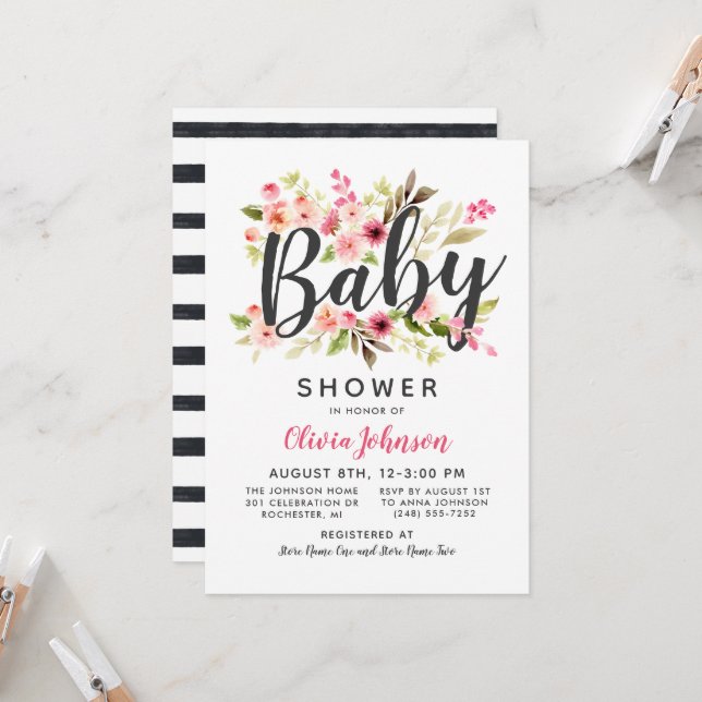 Modern Script Pink Floral Girl Baby Shower Invitation (Front/Back In Situ)