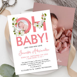 Modern Script Pink Floral New Baby Announcement