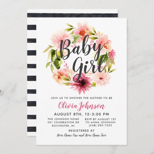 Modern Script Pink Floral Wreath Baby Girl Shower Invitation (Front/Back)