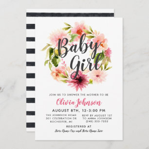 Modern Script Pink Floral Wreath Baby Girl Shower Invitation