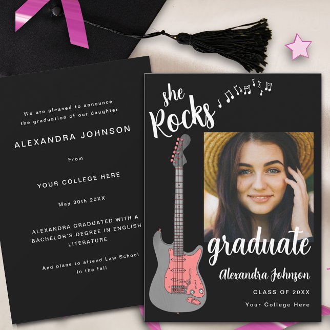 Modern Script Pink Guitar Graduate Photo Invitation (Fun pink guitar black and white modern script graduate photo graduation announcement card)