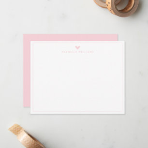 Modern Script Pink Heart Border Monogram Note Card