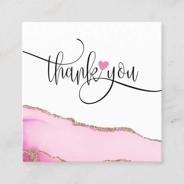modern script pink heart thank you for your order square business card (Front)