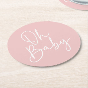 Modern Script Pink Oh Baby Simple Baby Shower Round Paper Coaster
