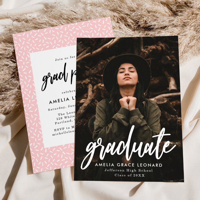 Modern Script Pink Photo Graduation Party Invitation (Creator Uploaded)