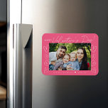 Modern Script Pink Valentine's Day Photo Magnet<br><div class="desc">Modern Valentine's day magnet featuring "Happy Valentine's Day" in a trendy white script with hand-drawn hearts along the sides of the design on a pink background. Your horizontal photo is displayed near the middle of the design. Personalise the Valentine's Day photo magnet by adding your name and the year in...</div>