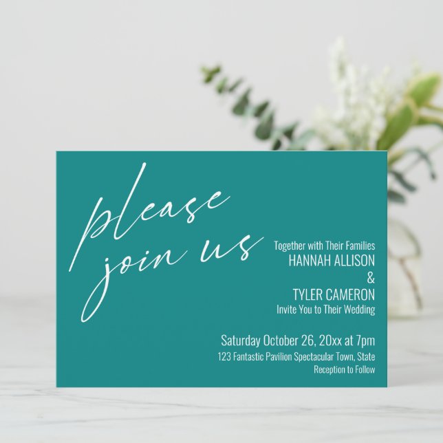 Modern Script Please Join Us Teal Wedding Invitation (Standing Front)