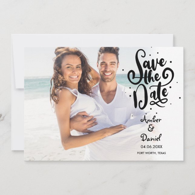 Modern Script Polka Dot Photo Save The Date Invitation (Front)