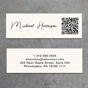 Modern Script Professional QR Code Cream Mini Business Card