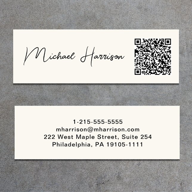 Modern Script Professional QR Code Cream Mini Business Card (Capture attention, make connections, and leave a lasting impression with our modern QR business card)
