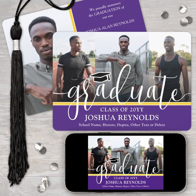 Modern Script Purple and Gold 4 Photo Graduation Announcement (Creator Uploaded)