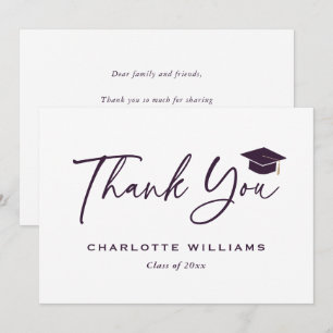 Modern Script Purple and White Graduation Cap Thank You Card