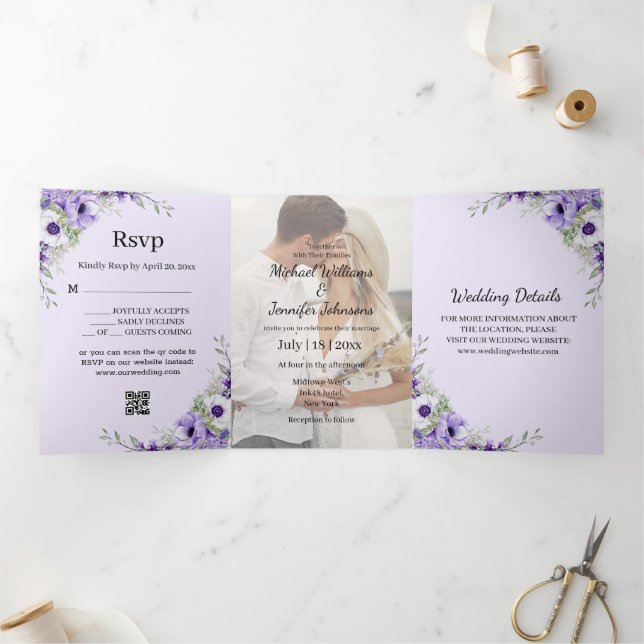 modern script purple floral photo wedding Tri-Fold invitation (Inside)