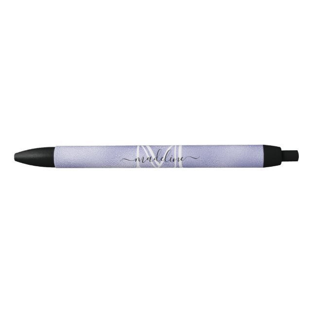 Modern Script Purple Foil Monogram Black Ink Pen (Front)