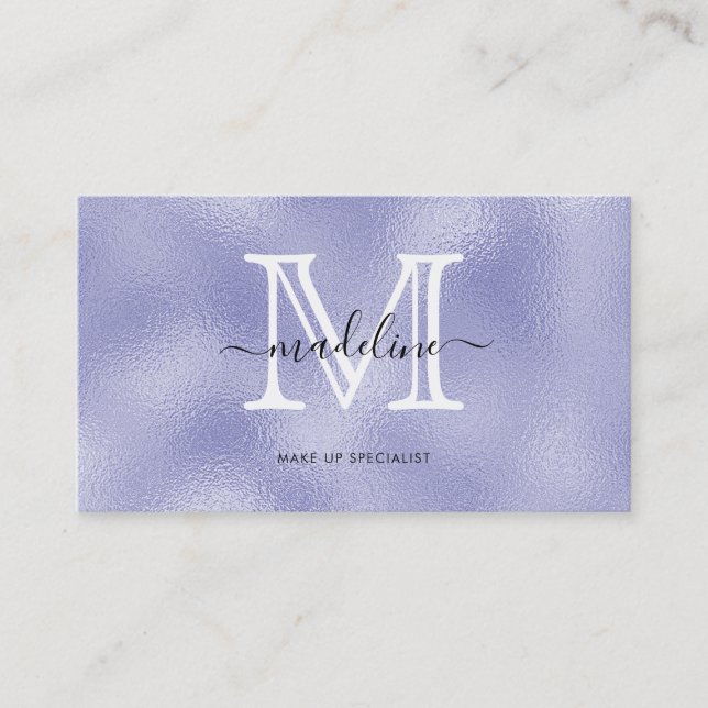 Modern Script Purple Foil Monogram Business Card (Front)