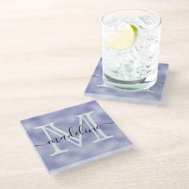 Modern Script Purple Foil Monogram Glass Coaster (Angled)
