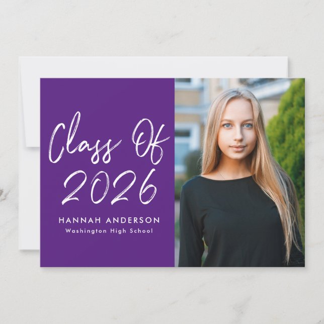 Modern Script Purple Photo Graduation Party Invitation (Front)