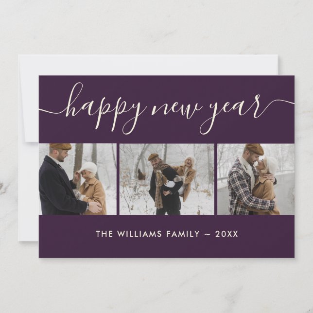 Modern Script Purple Photo Happy New Year Card (Front)