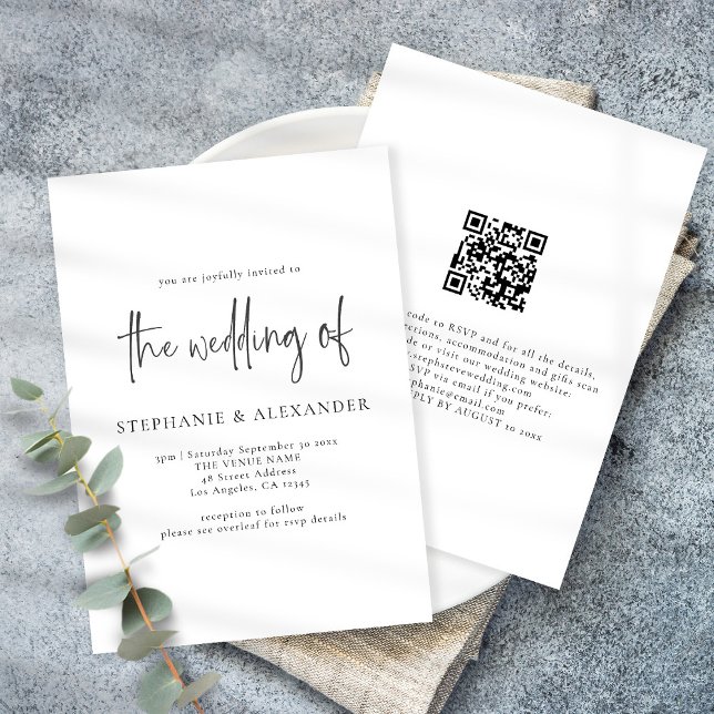 Modern Script QR Code Black and White Wedding Invitation (Creator Uploaded)