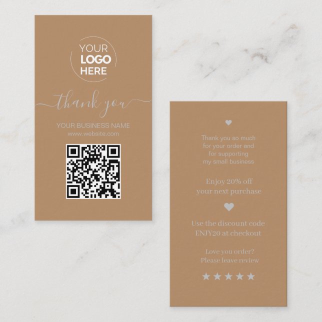 Modern Script QR Code Brown Order Thank You Business Card (Front/Back)