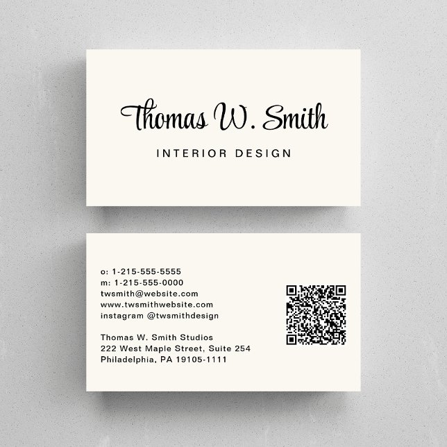 Modern Script QR Code Cream Business Card (Capture attention and make connections with our modern signature script QR code cream business card)